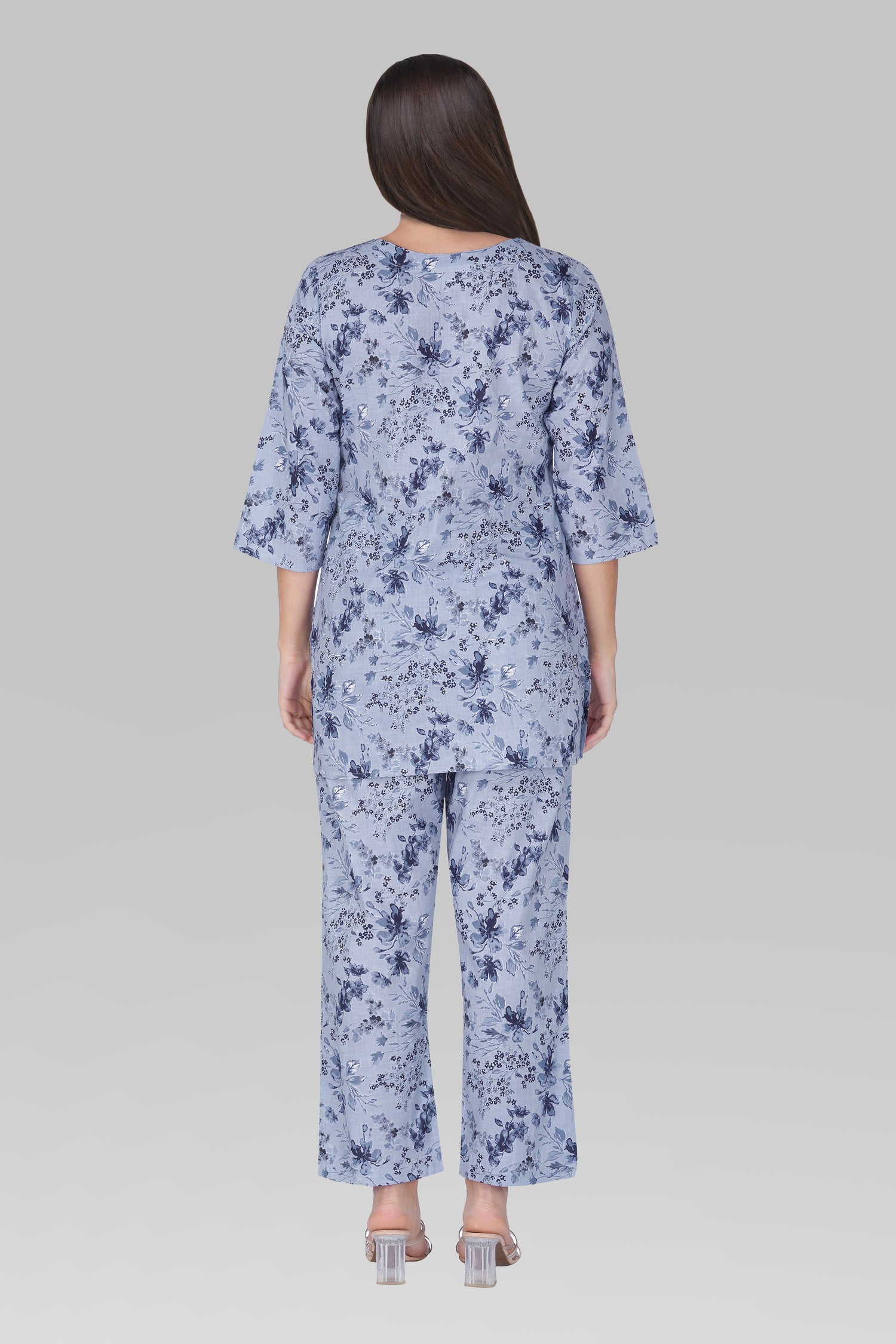 Muted Navy Cotton Printed Pyjama Set