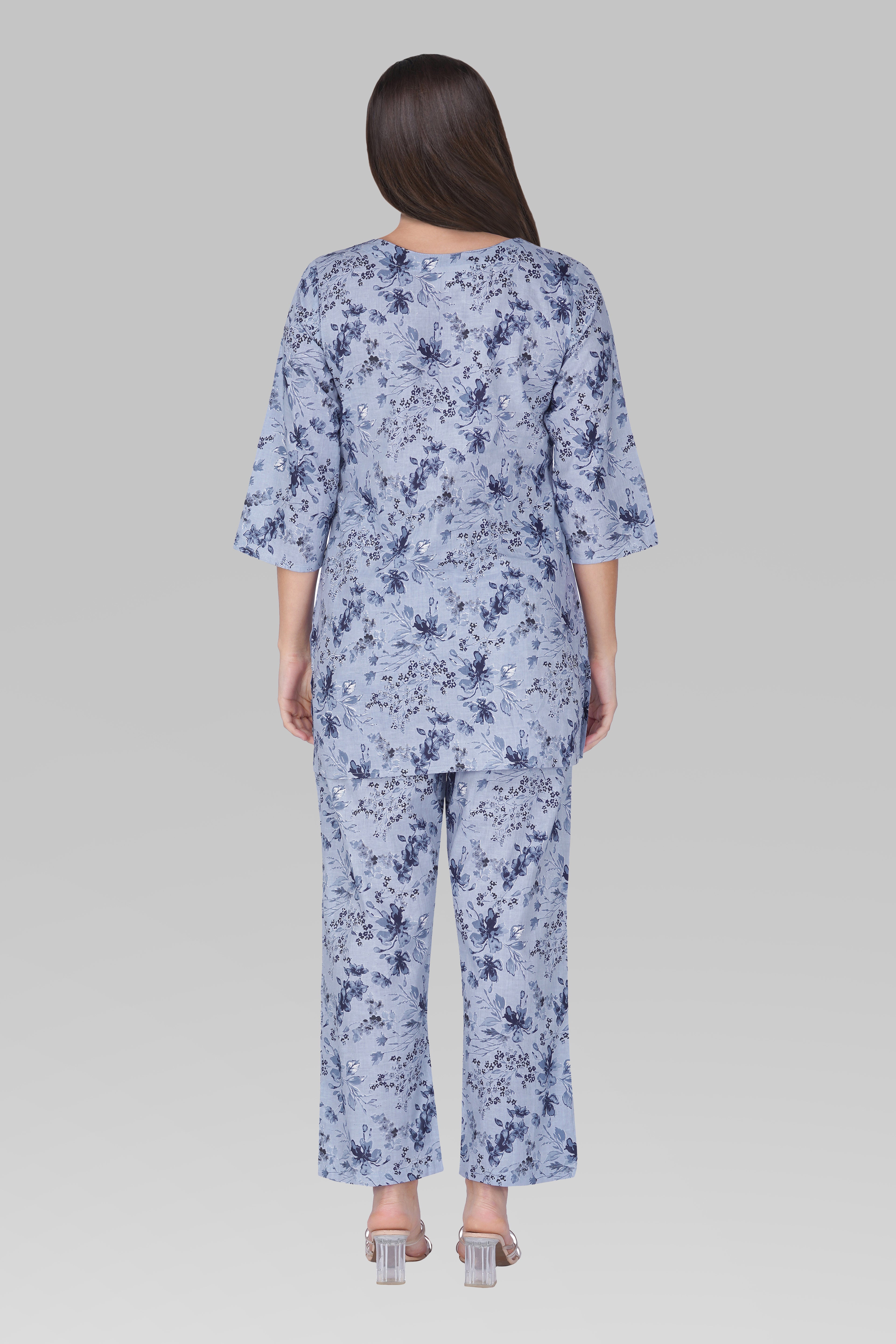 Muted Navy Cotton Printed Pyjama Set