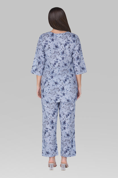 Muted Navy Cotton Printed Pyjama Set
