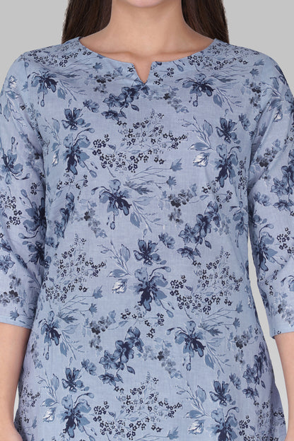 Muted Navy Cotton Printed Pyjama Set