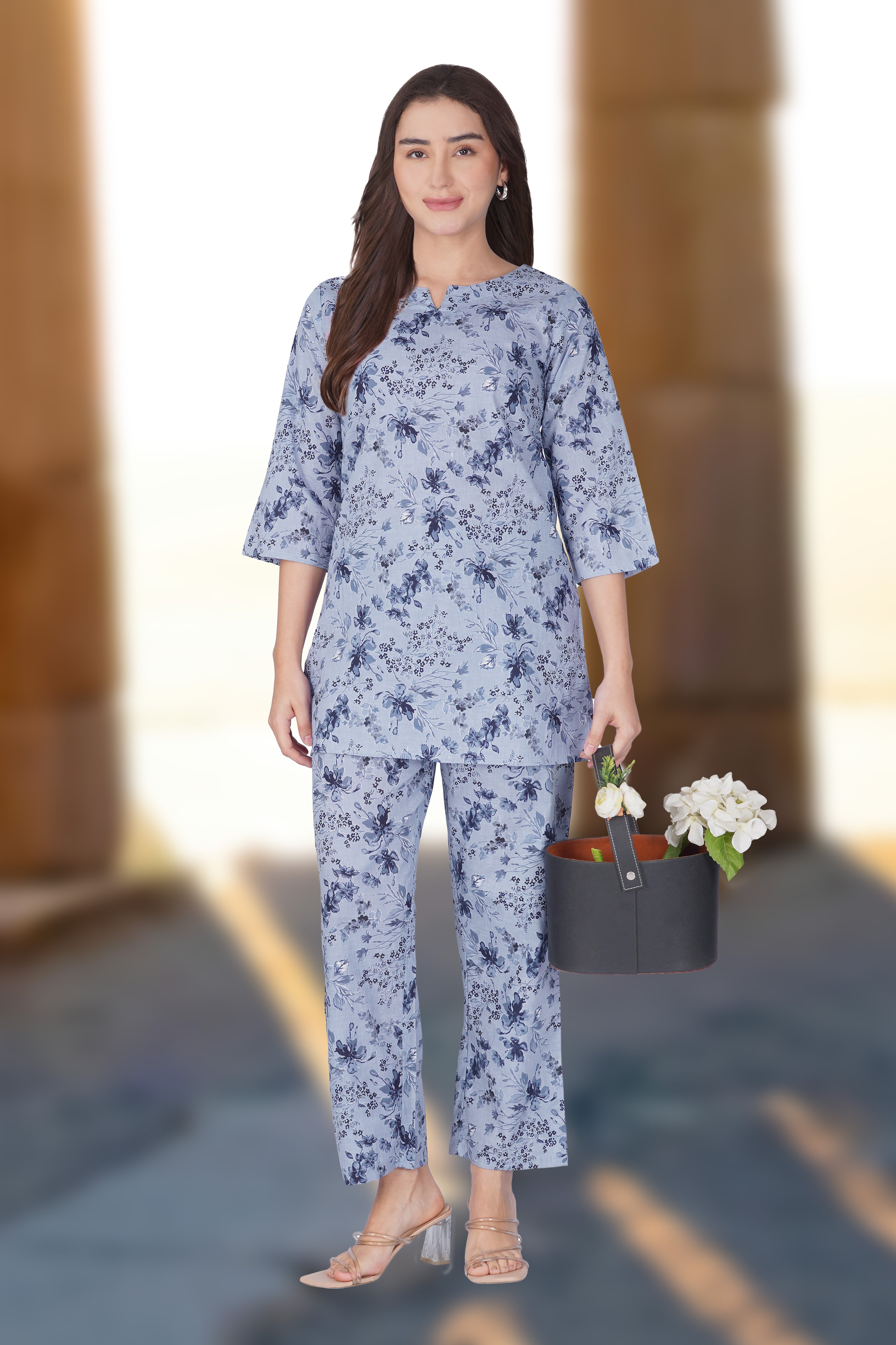 Muted Navy Cotton Printed Pyjama Set