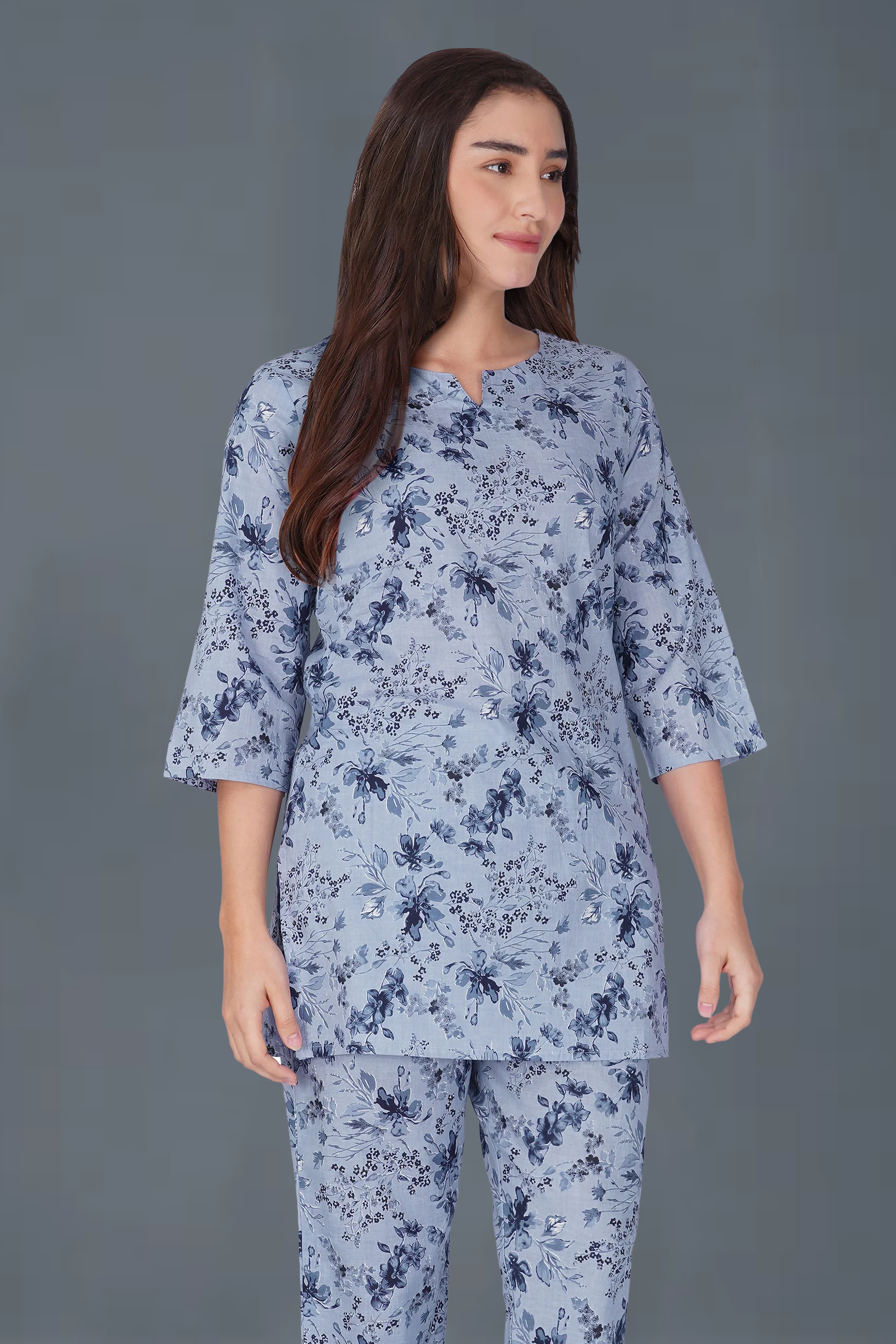 Muted Navy Cotton Printed Pyjama Set