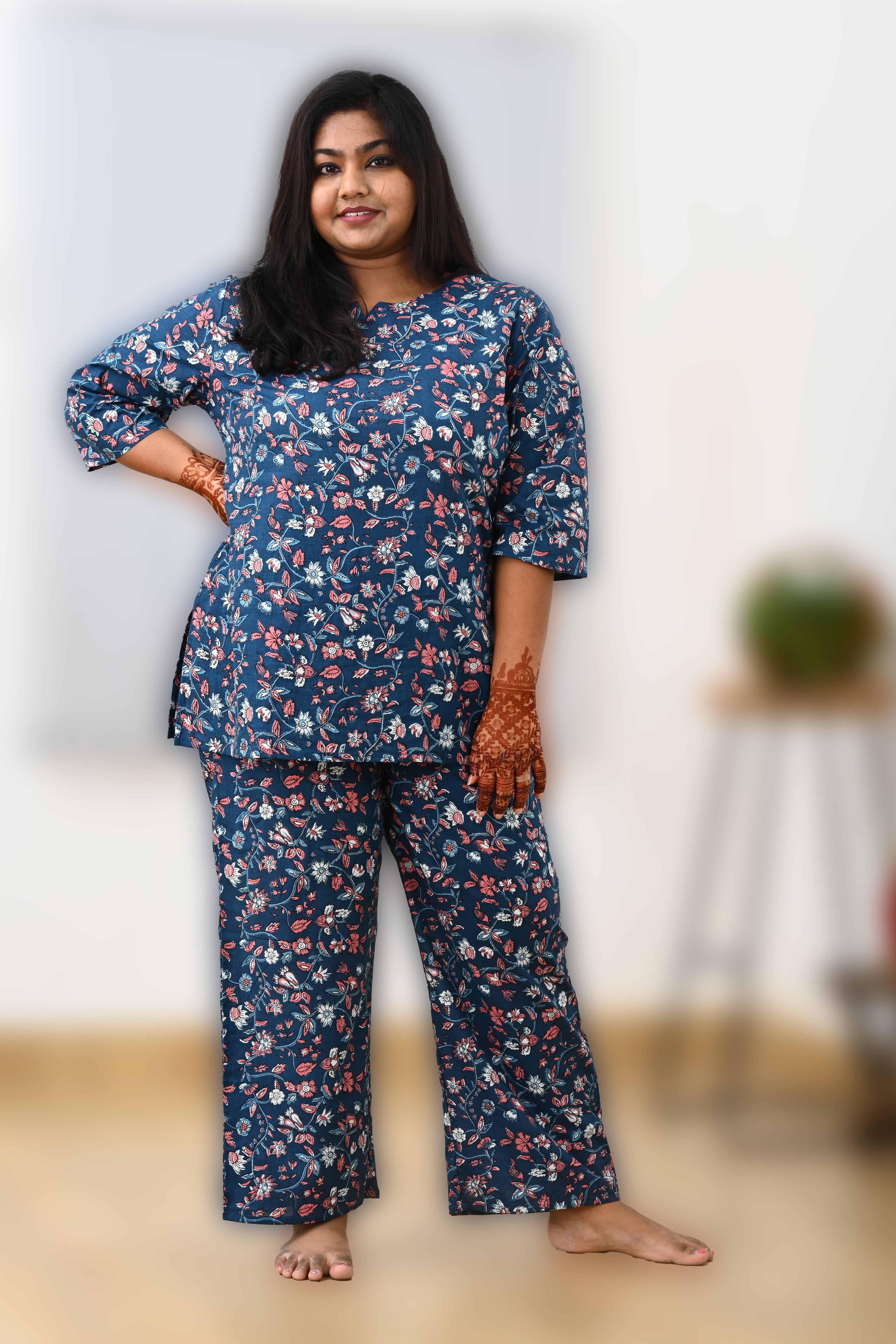Navy Plus Size Cotton Printed Pyjama Set