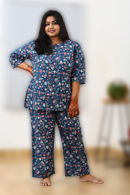 Navy Plus Size Cotton Printed Pyjama Set