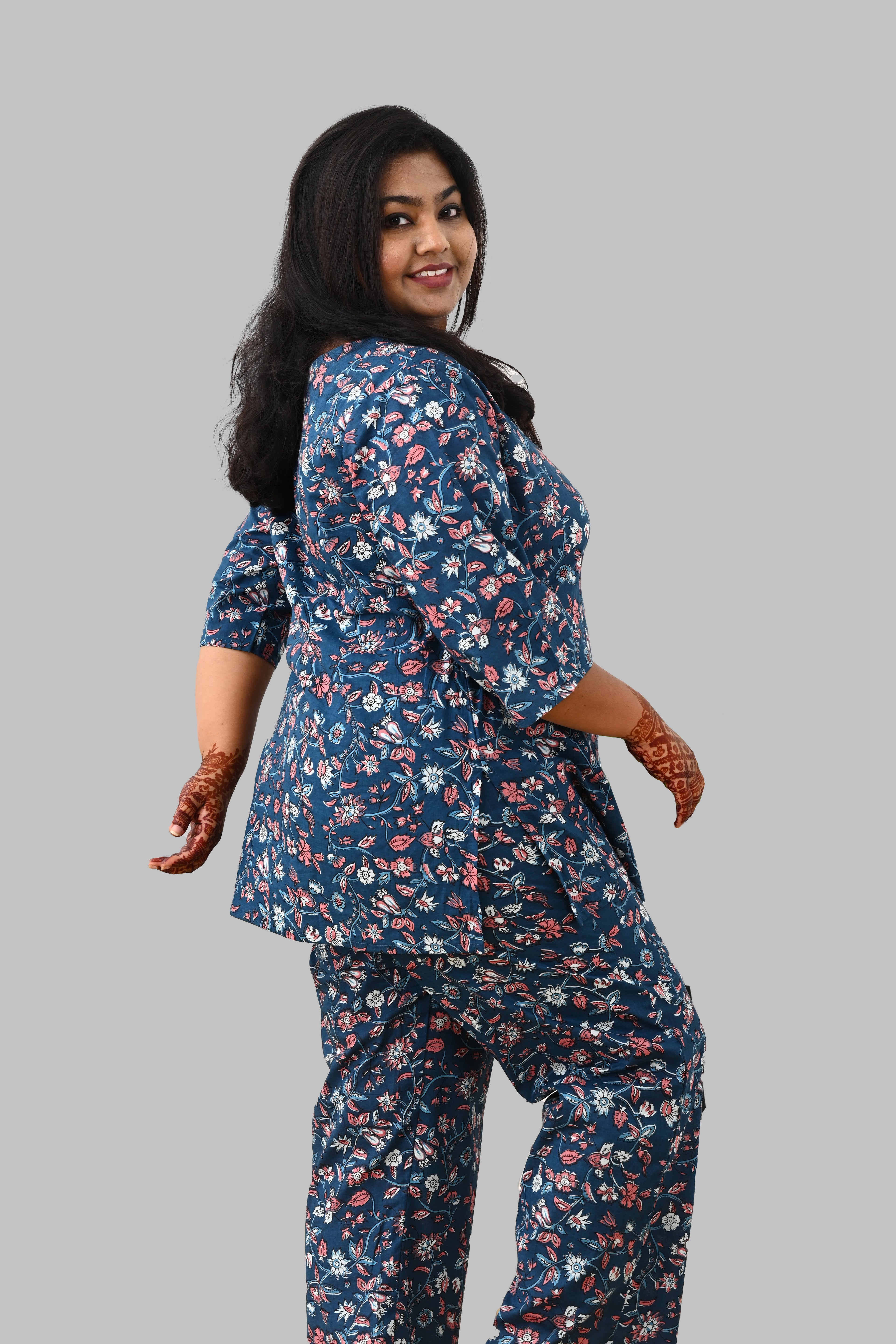 Navy Plus Size Cotton Printed Pyjama Set