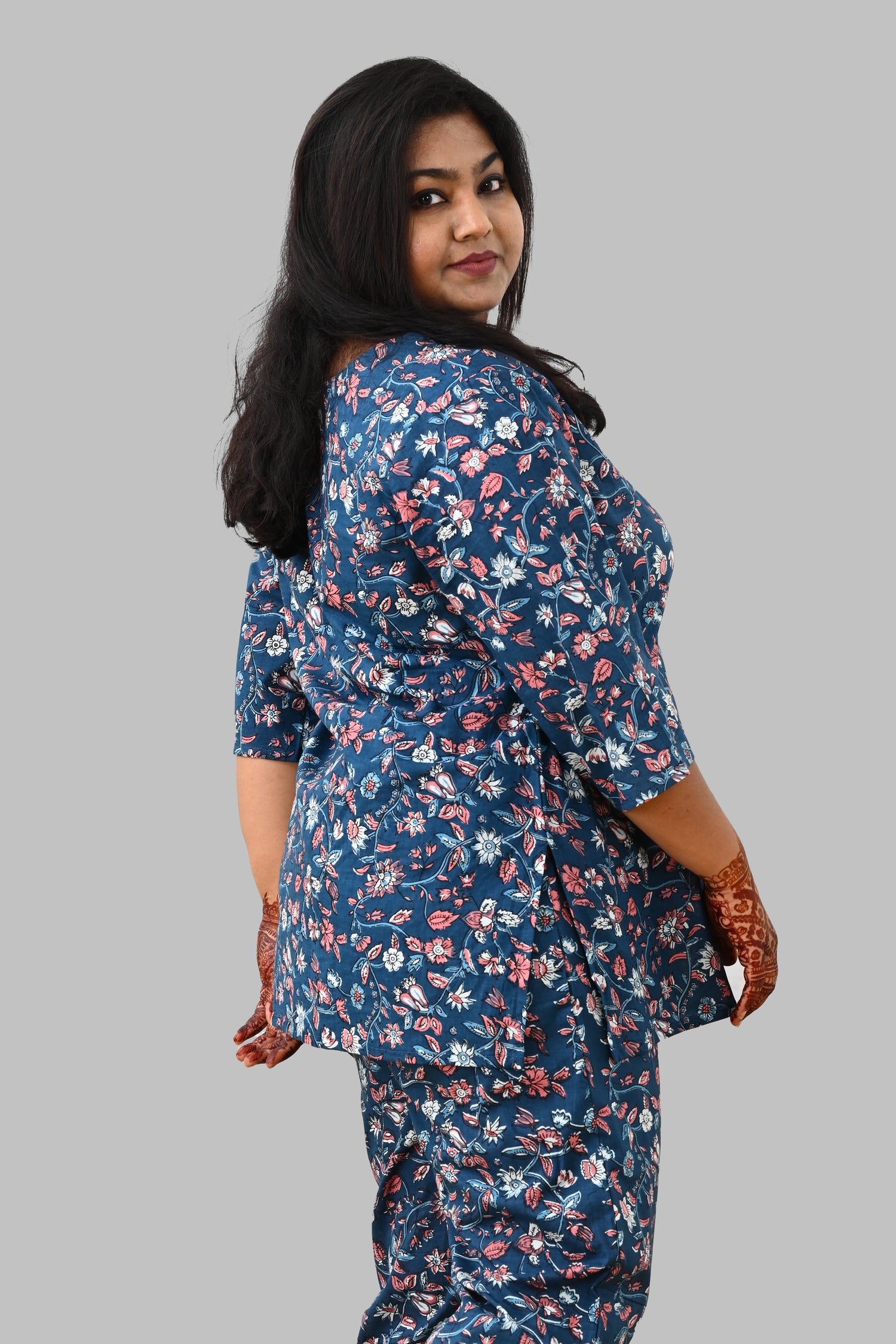 Navy Plus Size Cotton Printed Pyjama Set