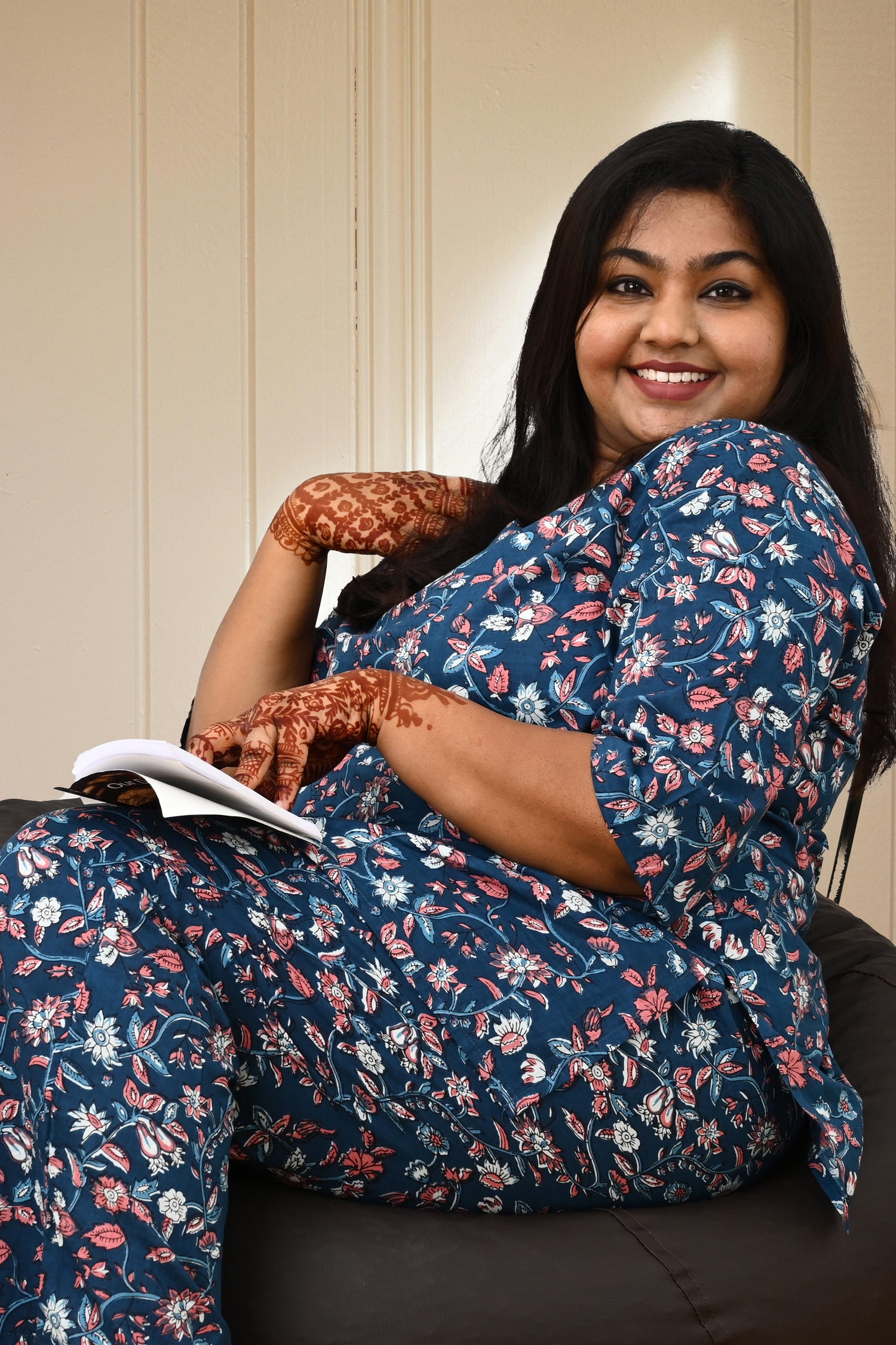 Navy Plus Size Cotton Printed Pyjama Set