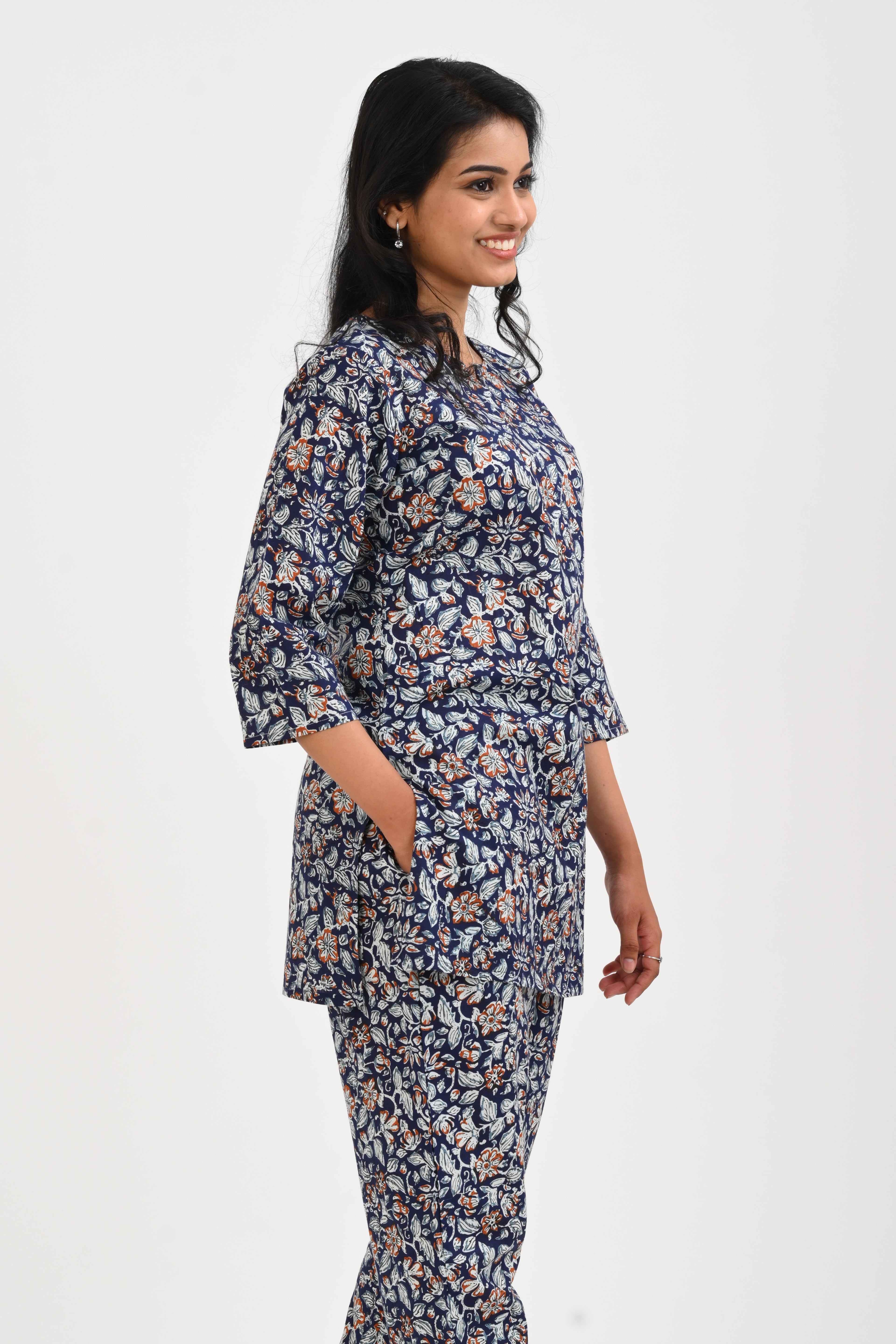 Dark Blue Cotton Printed Pyjama Set