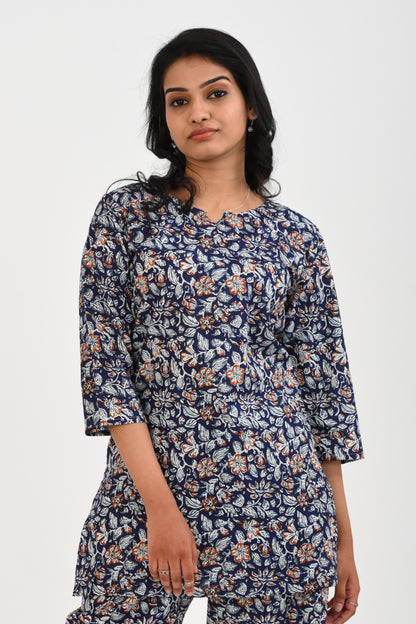 Dark Blue Cotton Printed Pyjama Set