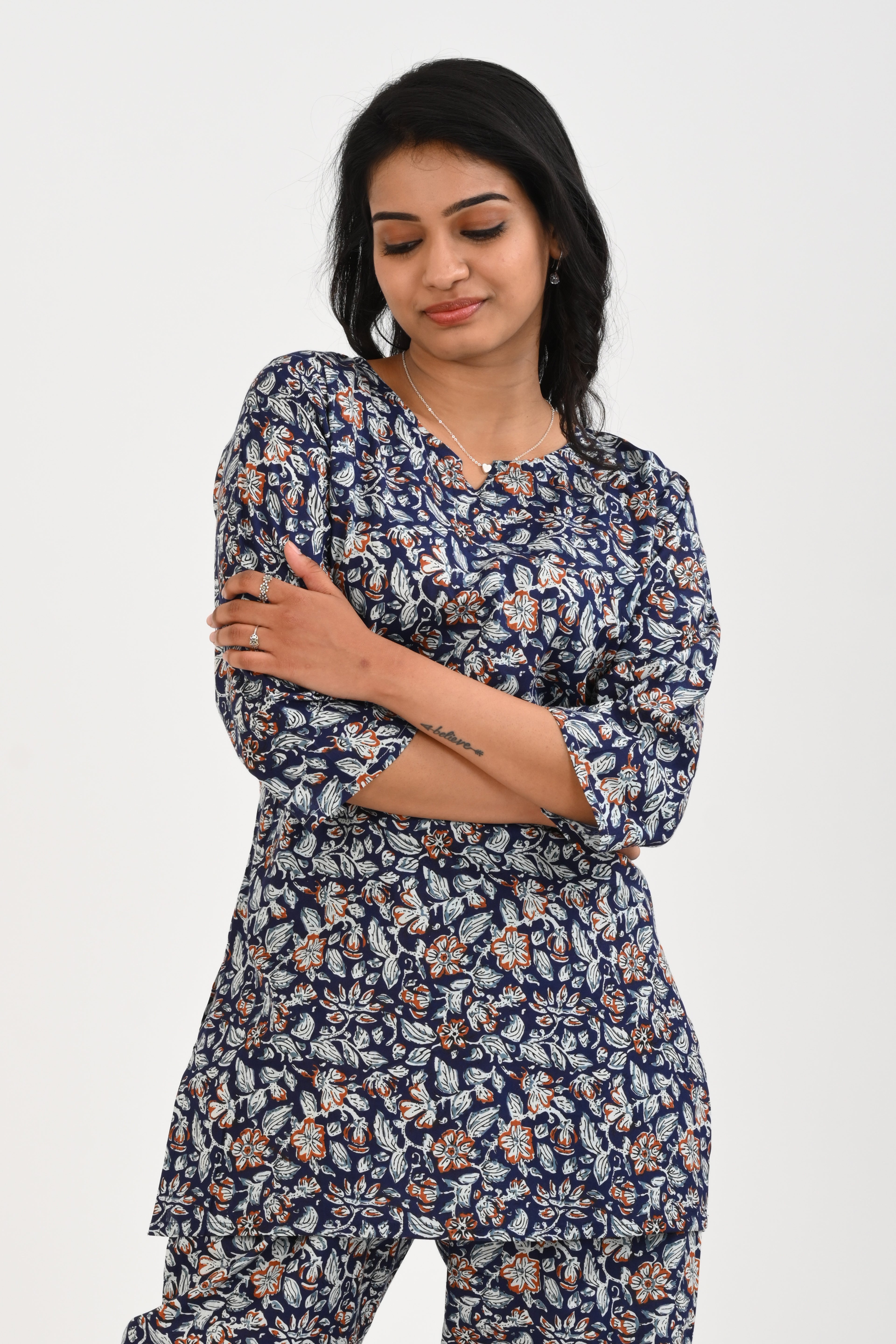 Dark Blue Cotton Printed Pyjama Set