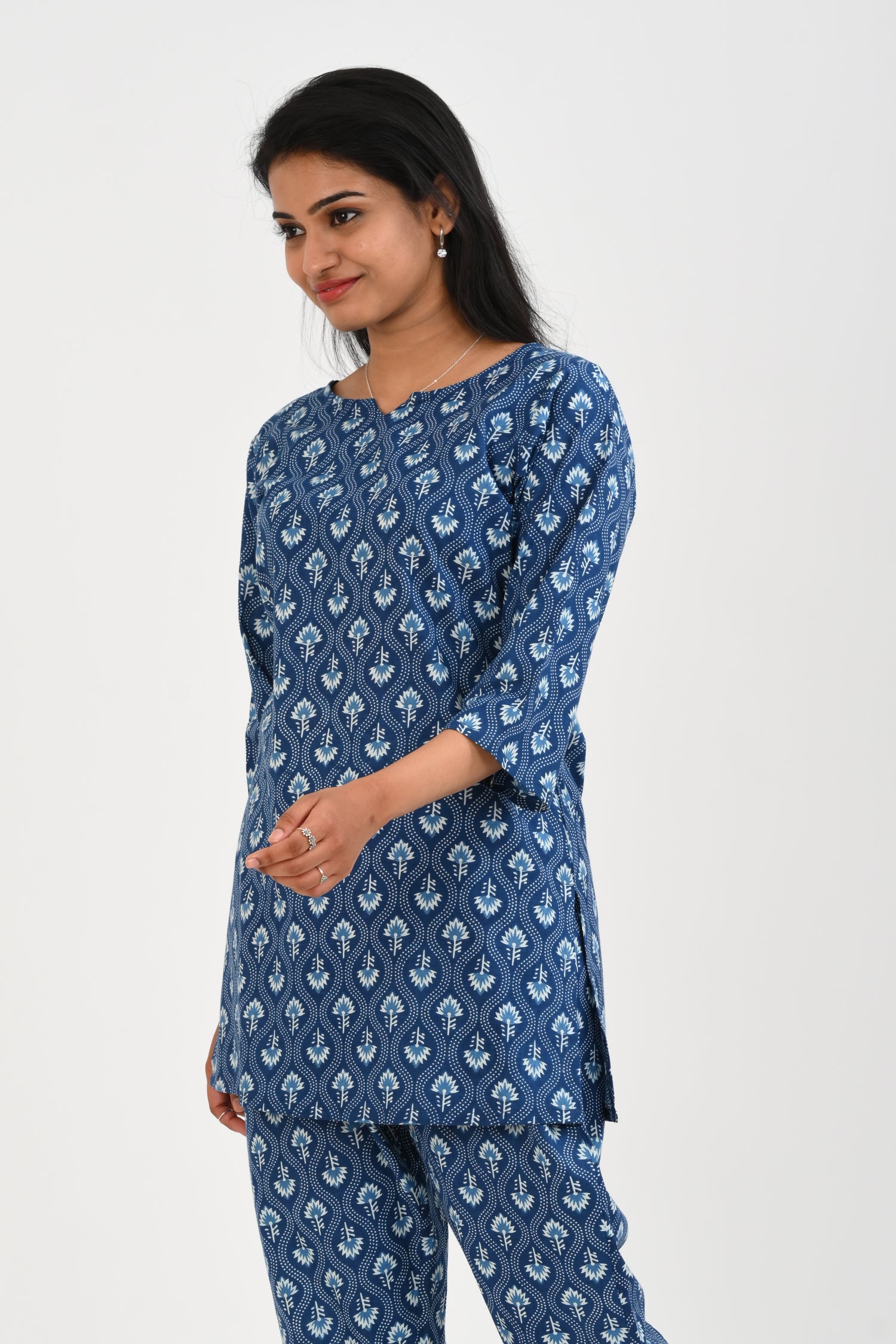 Navy Blue Cotton Printed Pyjama Set