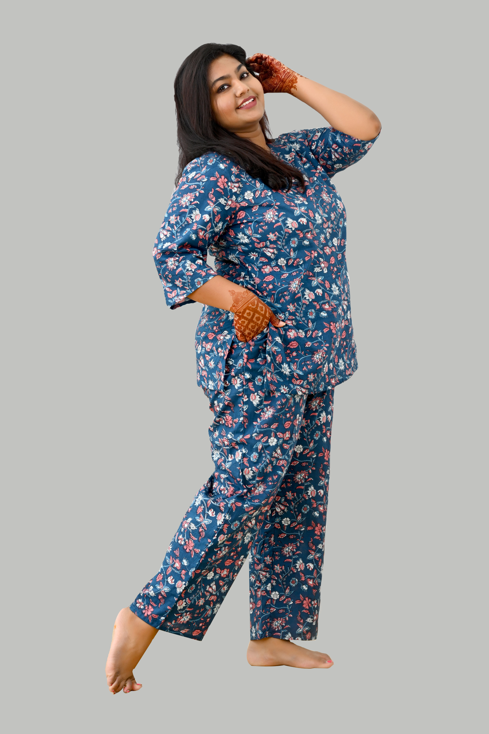 Navy plus size cotton printed 