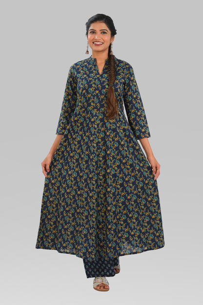 Navy Blue Cotton Printed Kurta Set