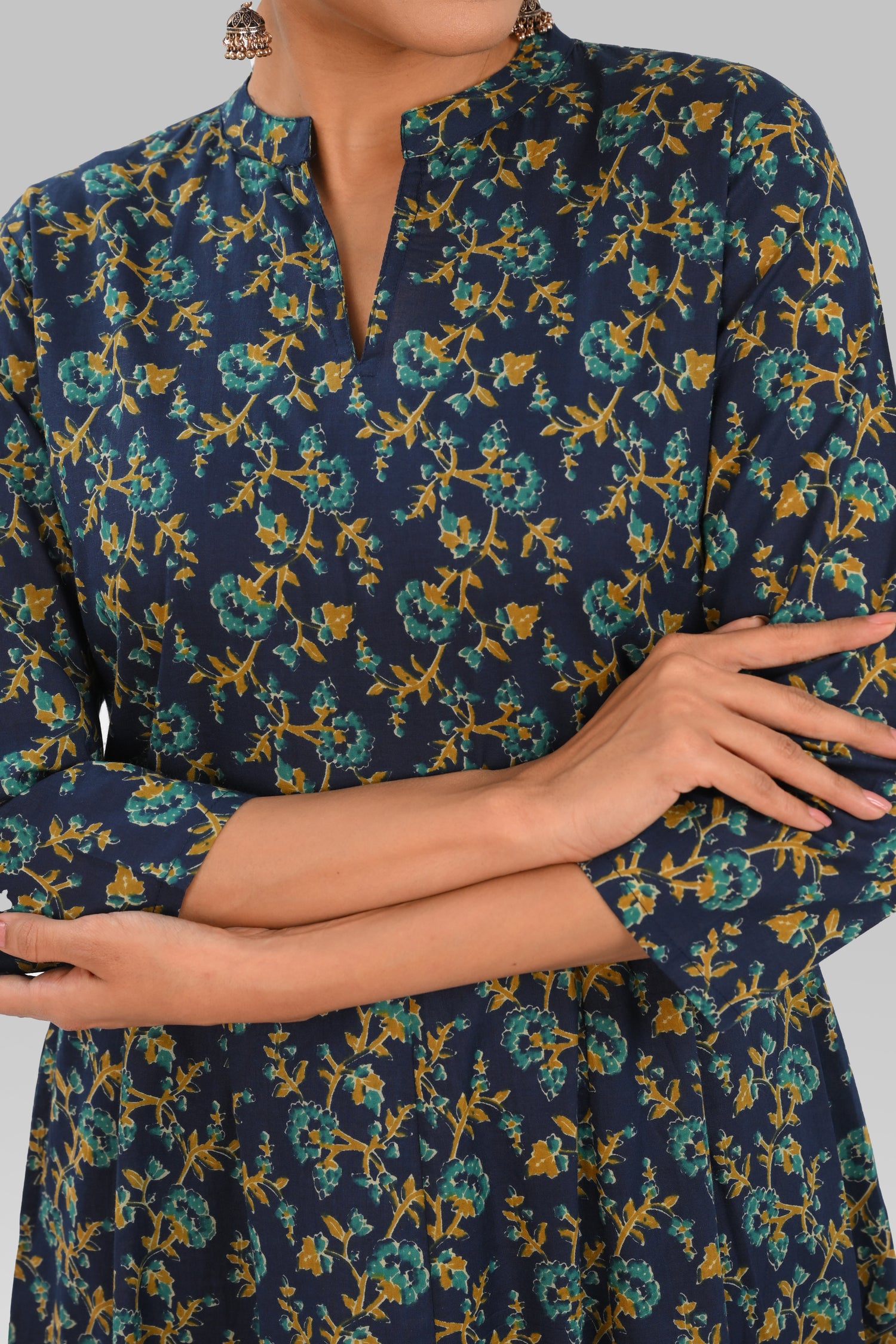 Navy Blue Cotton Printed Kurta Set