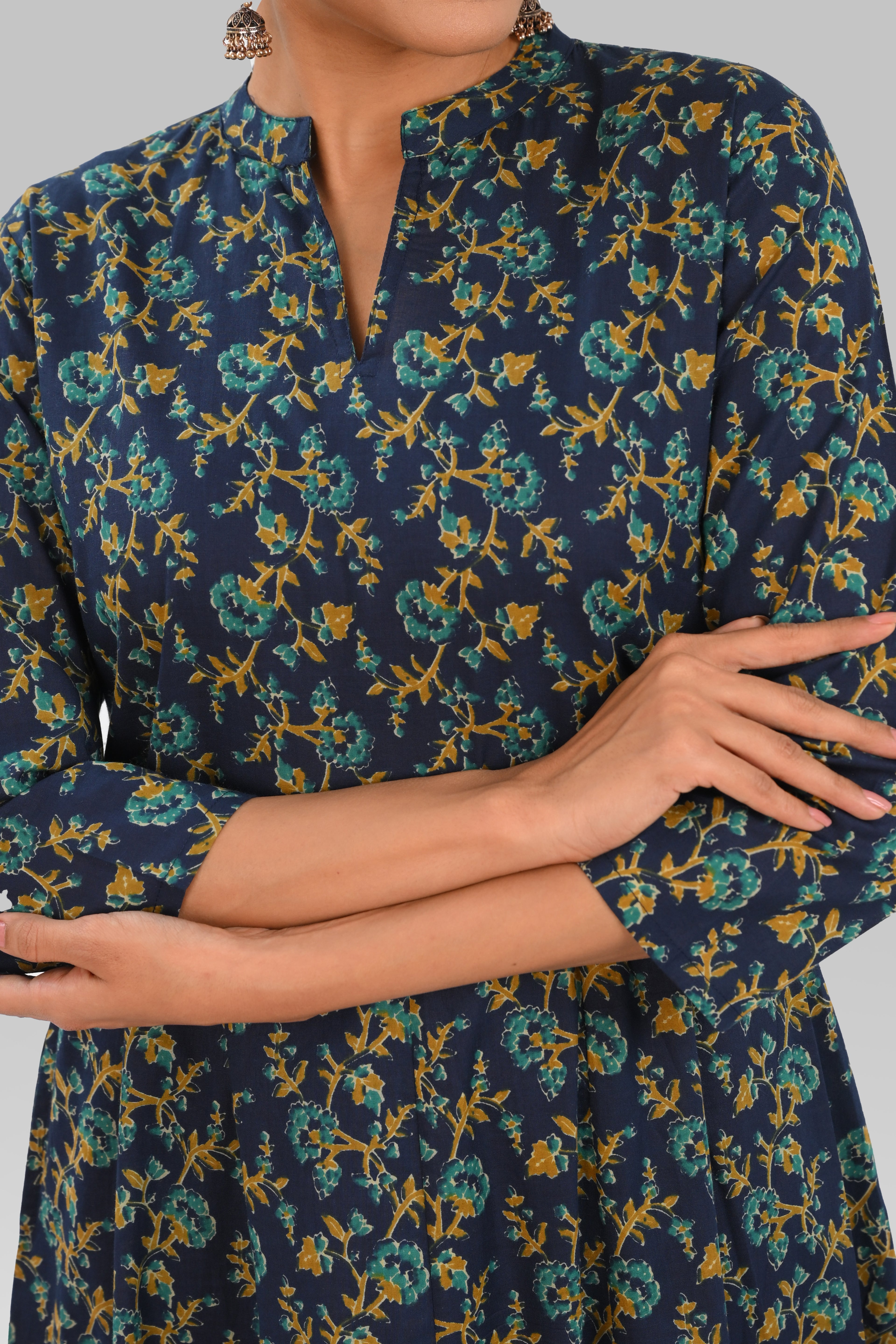 Navy Blue Cotton Printed Kurta Set