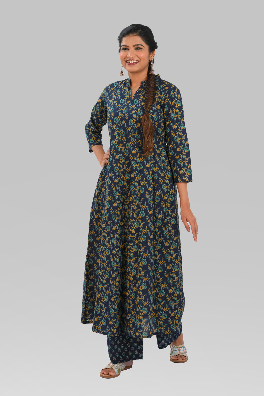 Navy Blue Cotton Printed Kurta Set