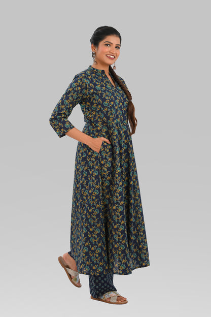 Navy Blue Cotton Printed Kurta Set