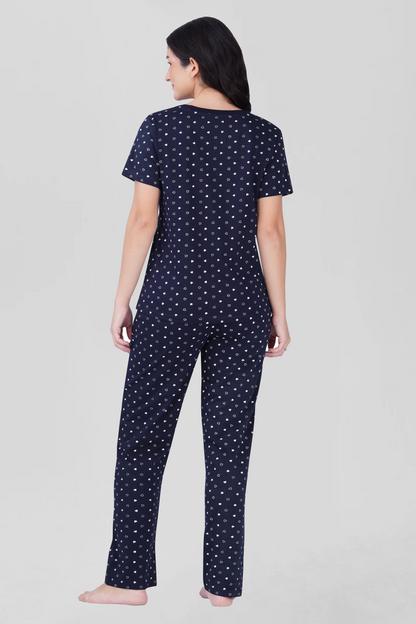 Navy Cotton Printed Pyjama Set