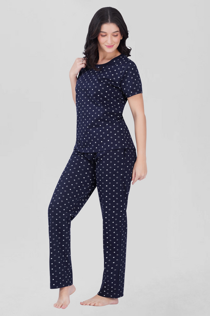 Navy Cotton Printed Pyjama Set