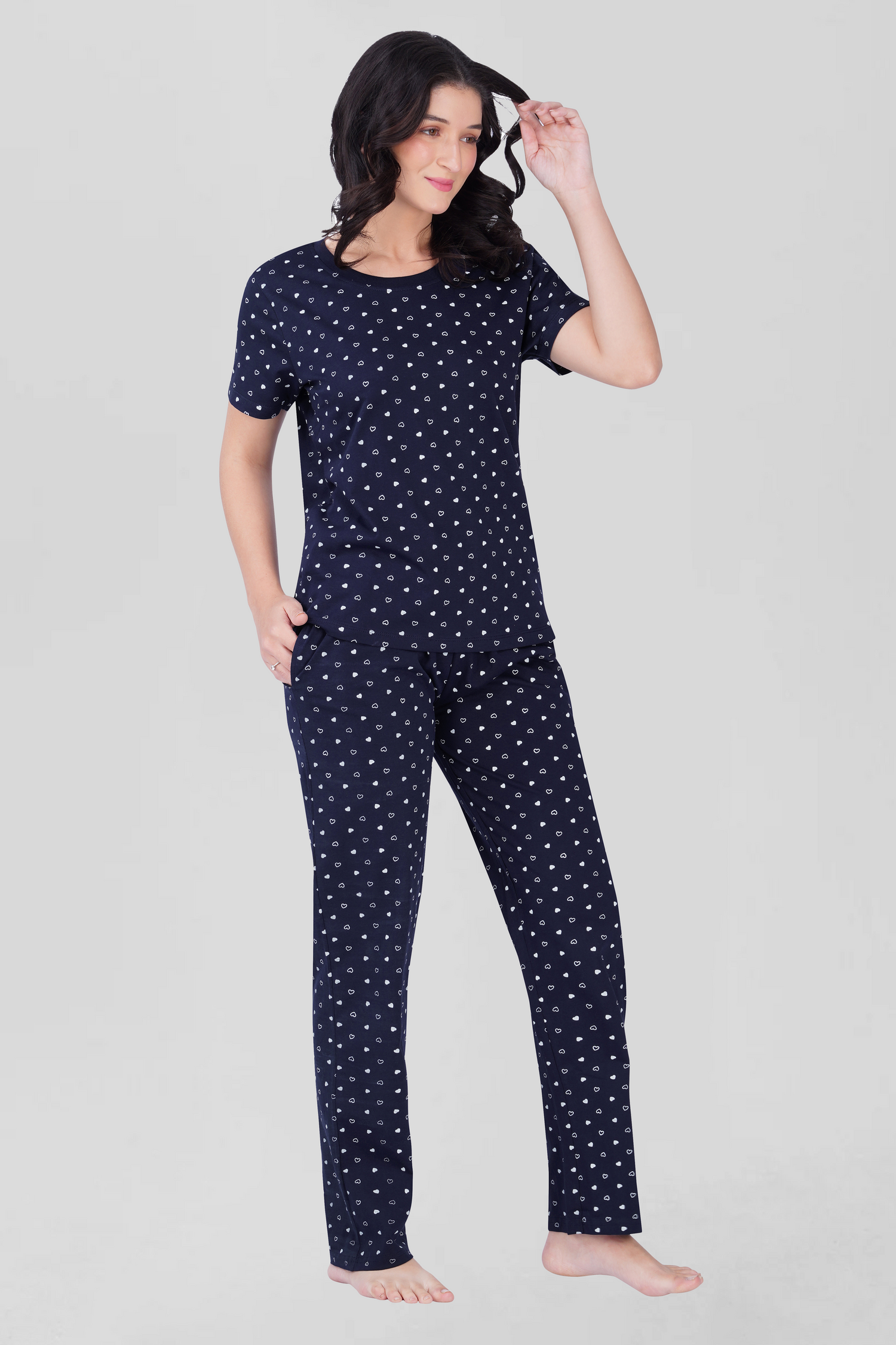 Navy Cotton Printed Pyjama Set