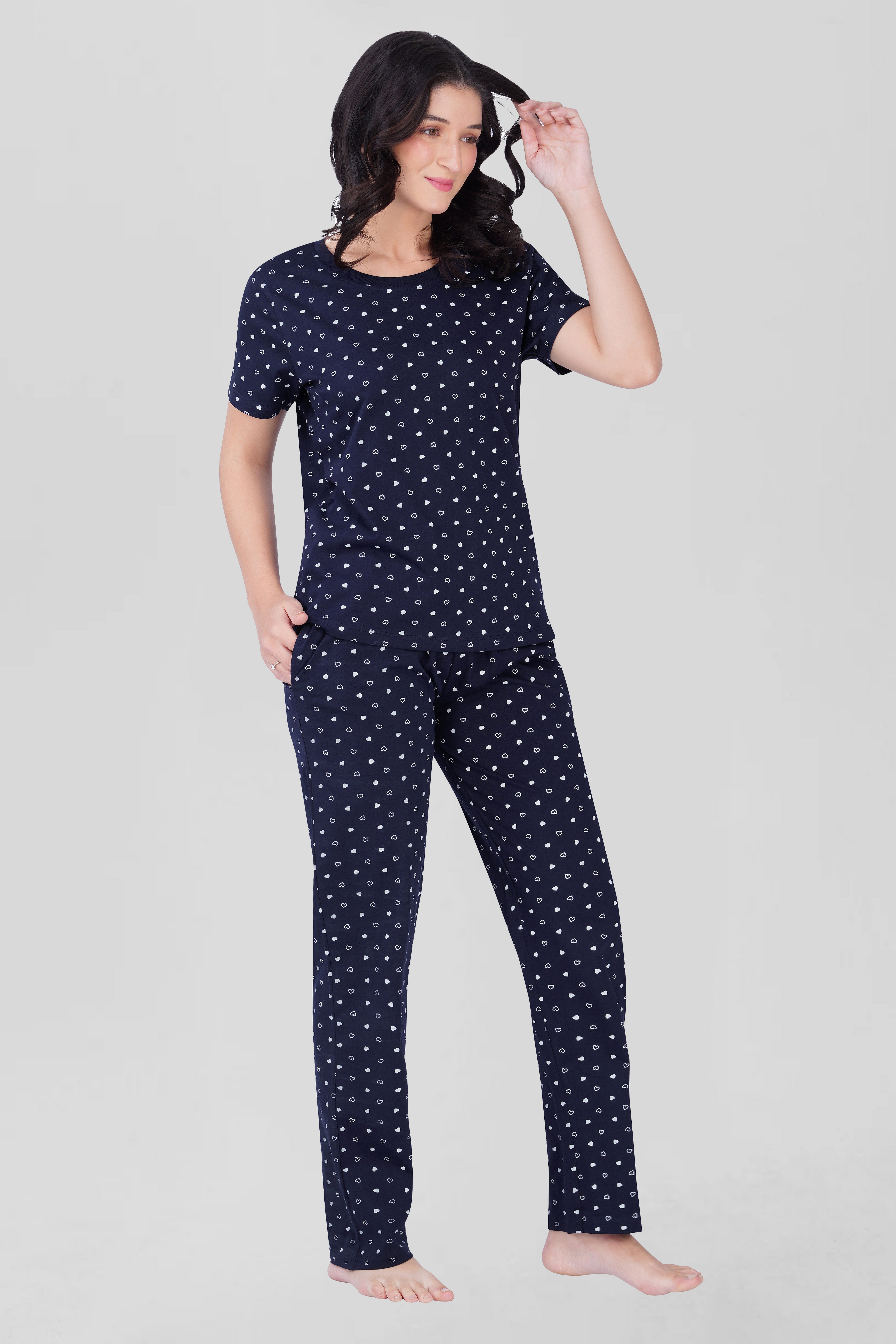 Navy Cotton Printed Pyjama Set