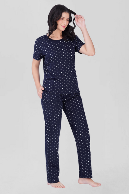 Navy Cotton Printed Pyjama Set
