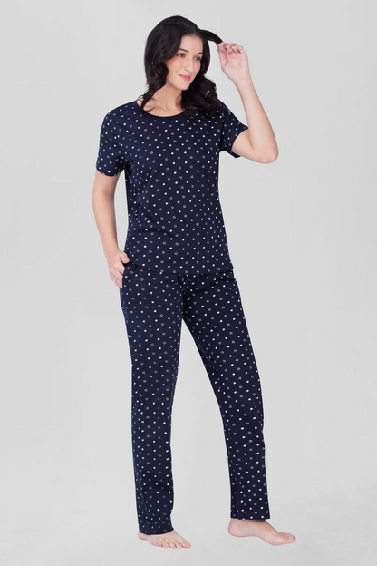 Navy Cotton Printed Pyjama Set