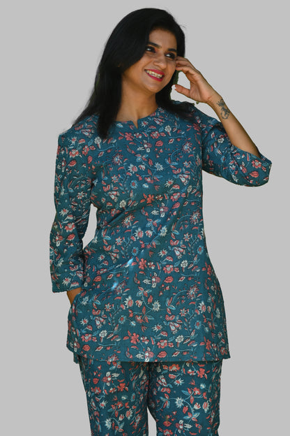 Navy Floral Cotton Printed Pyjama Set