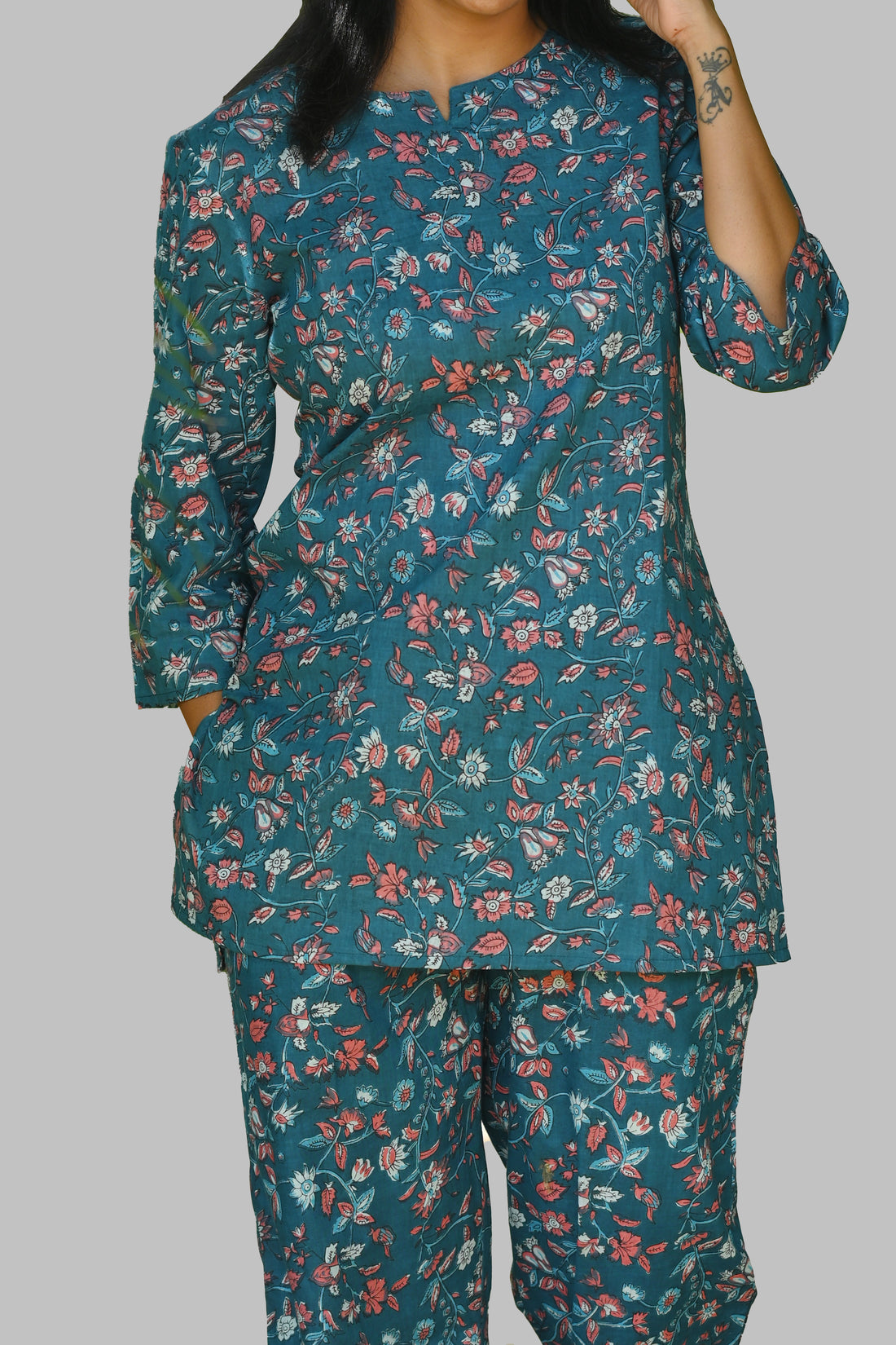 Navy Floral Cotton Printed Pyjama Set