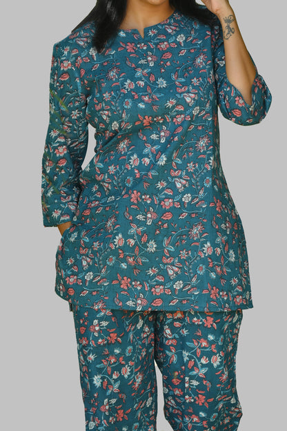 Navy Floral Cotton Printed Pyjama Set