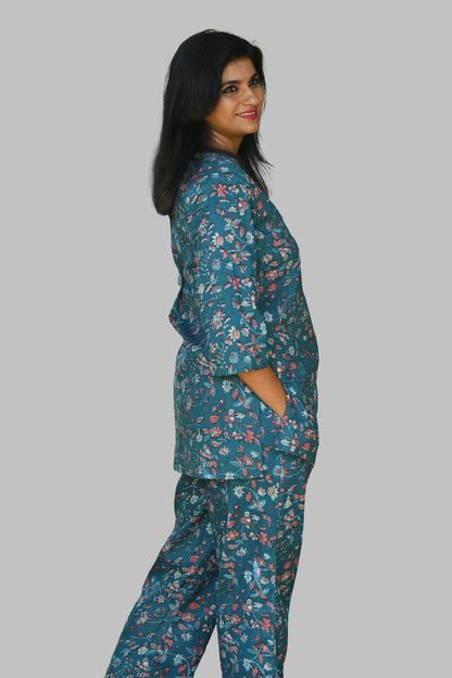 Navy Floral Cotton Printed Pyjama Set