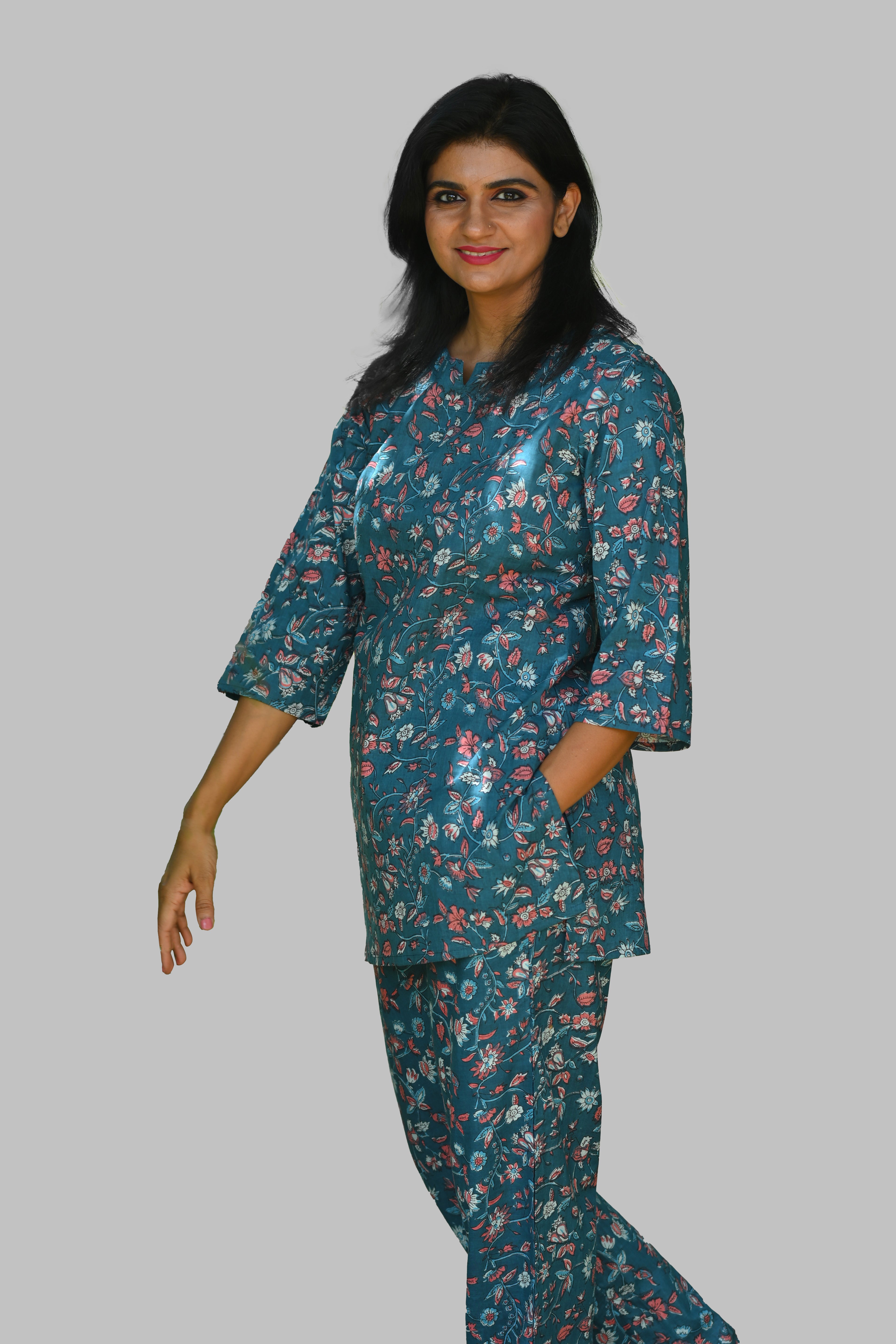 Navy Floral Cotton Printed Pyjama Set