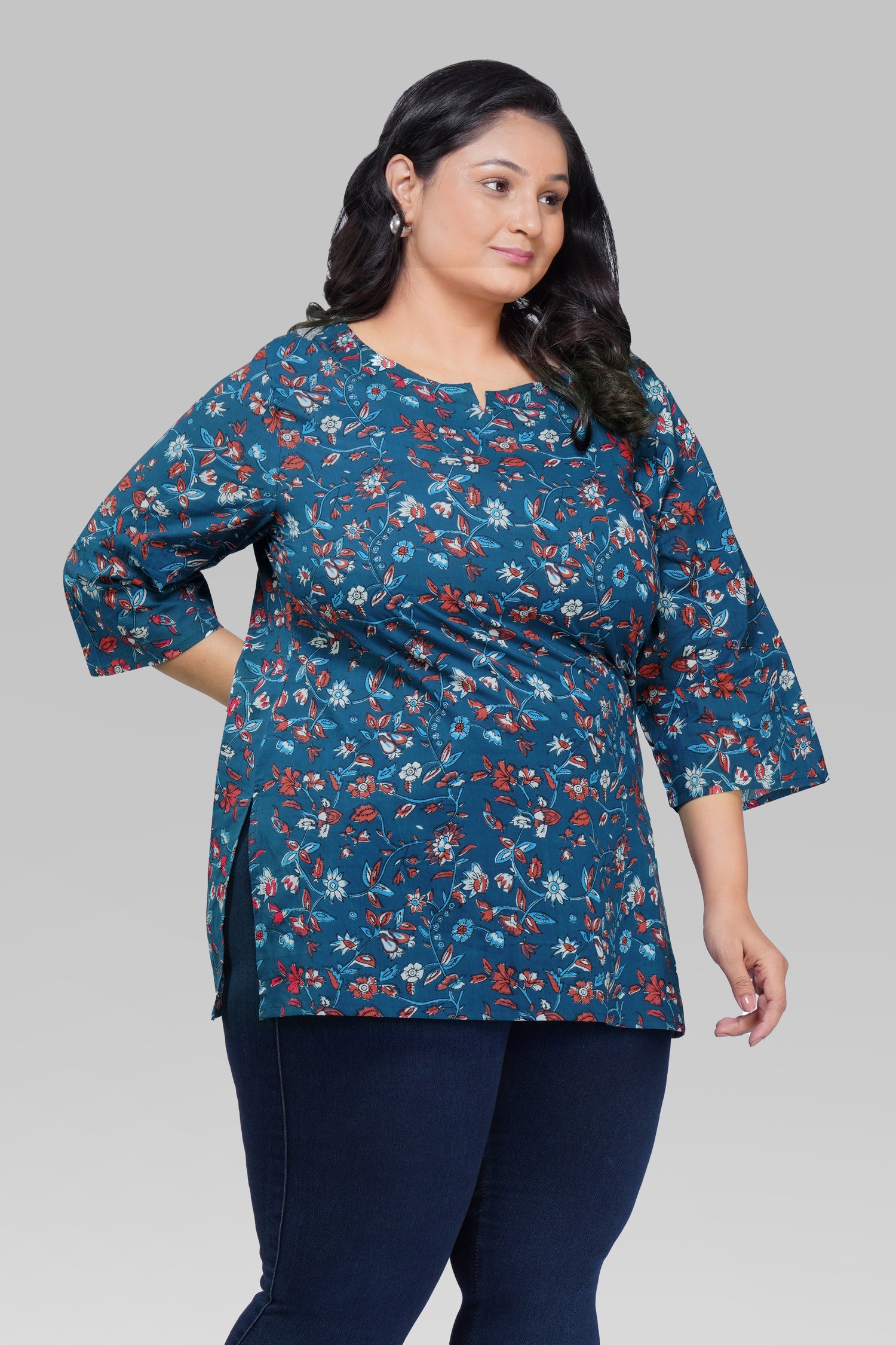 Navy Plus Size Cotton Printed Kurti