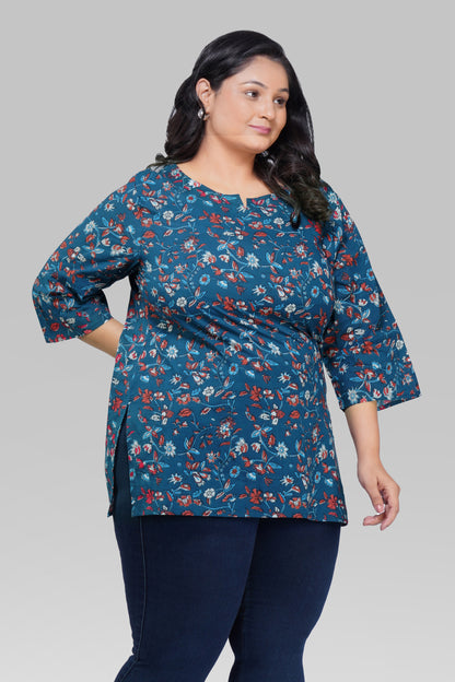 Navy Plus Size Cotton Printed Kurti