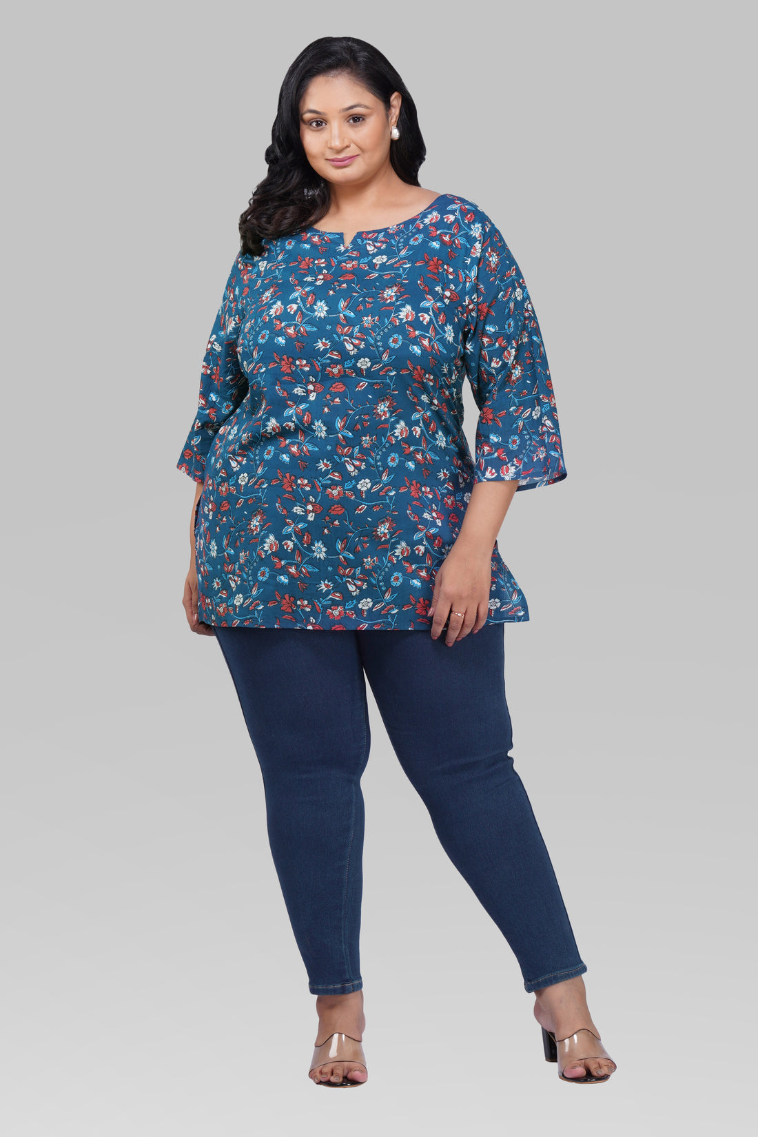 Navy Plus Size Cotton Printed Kurti