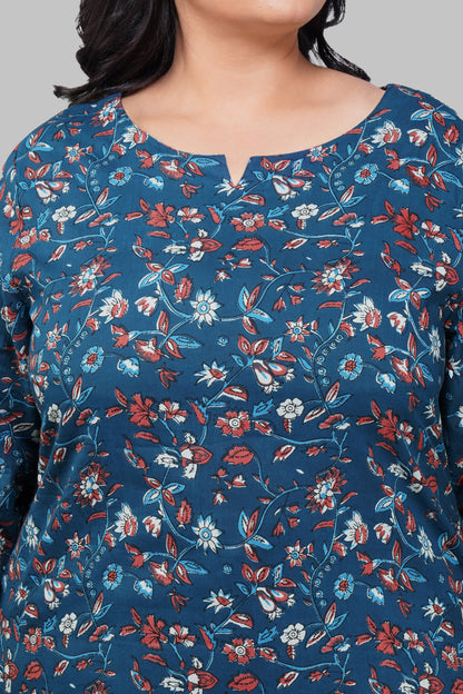 Navy Plus Size Cotton Printed Kurti