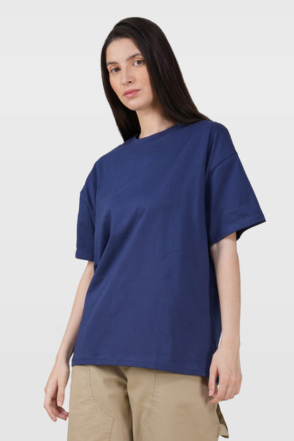 Navy Blue Cotton Oversized Crew Neck T-Shirt