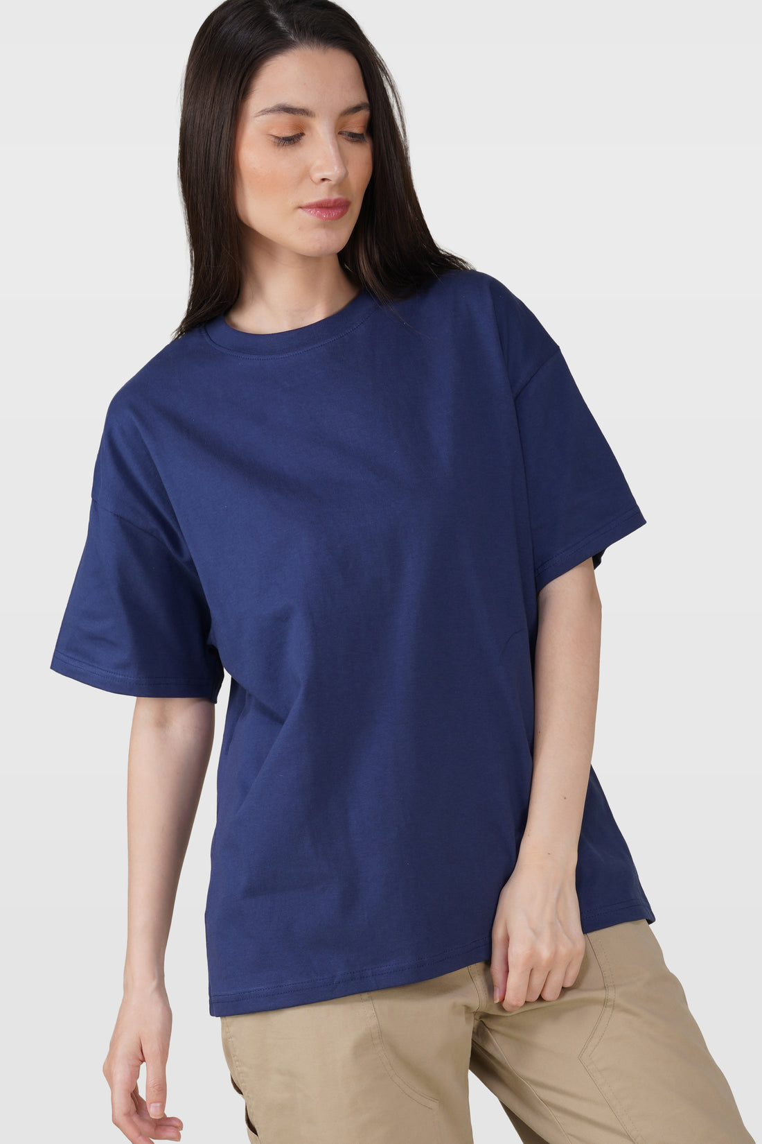 Navy Blue Cotton Oversized Crew Neck T-Shirt