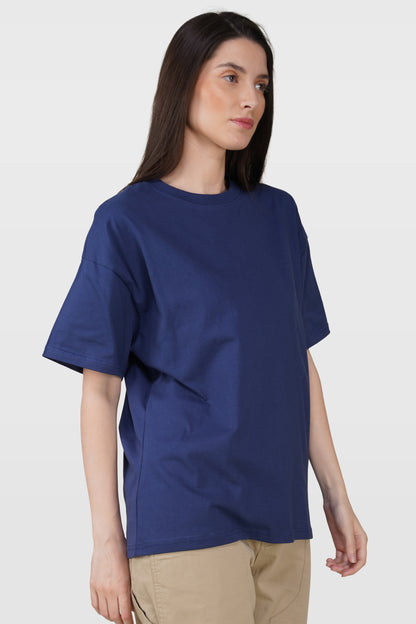 Navy Blue Cotton Oversized Crew Neck T-Shirt