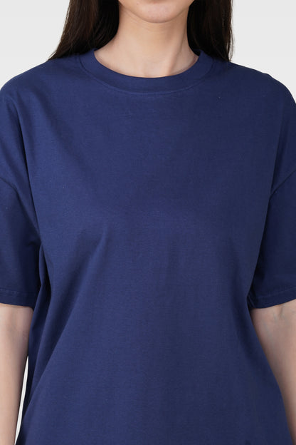 Navy Blue Cotton Oversized Crew Neck T-Shirt