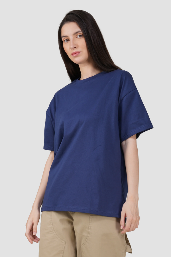 Navy Blue Cotton Oversized Crew Neck T-Shirt