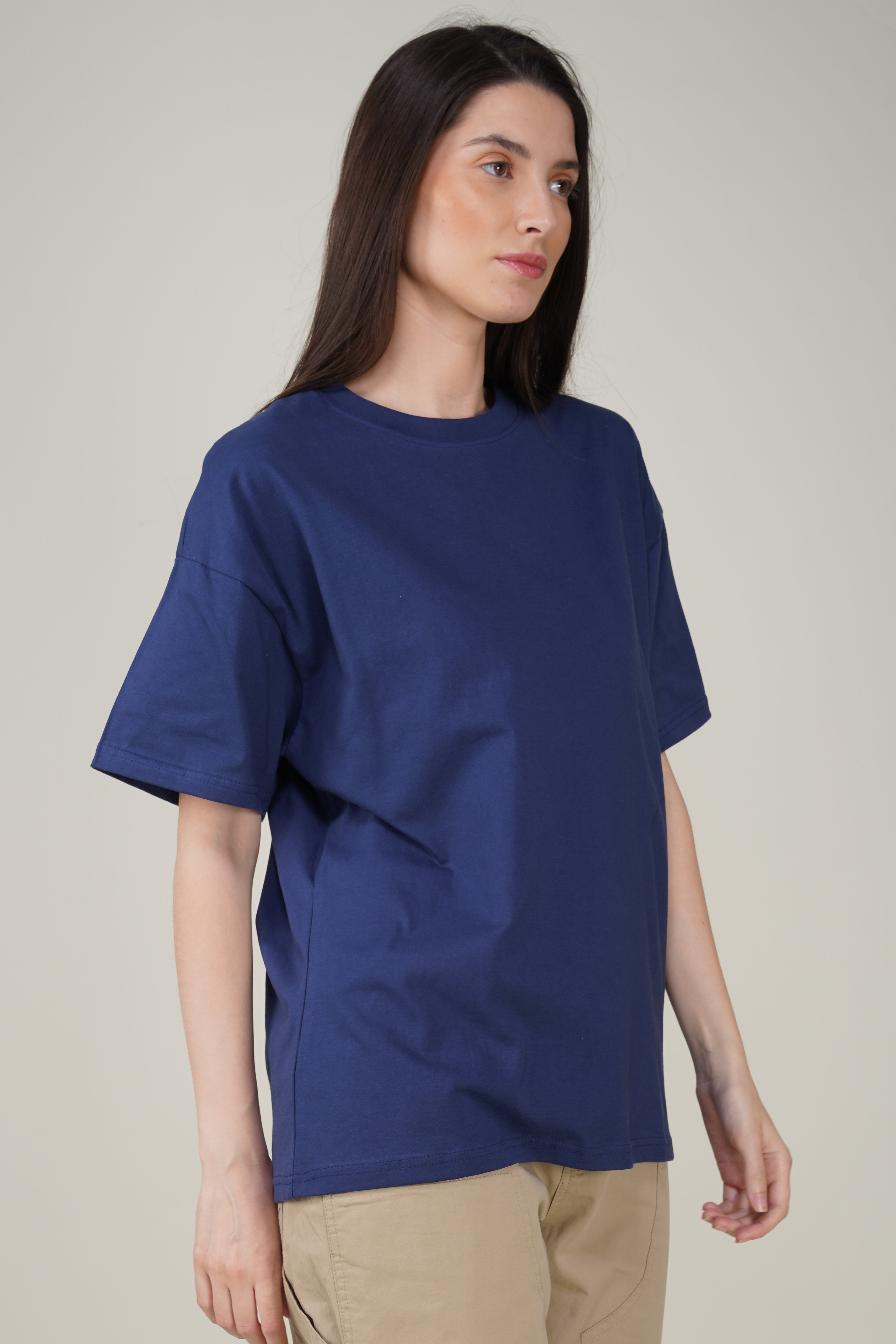 Navy Blue Cotton Oversized Crew Neck T-Shirt