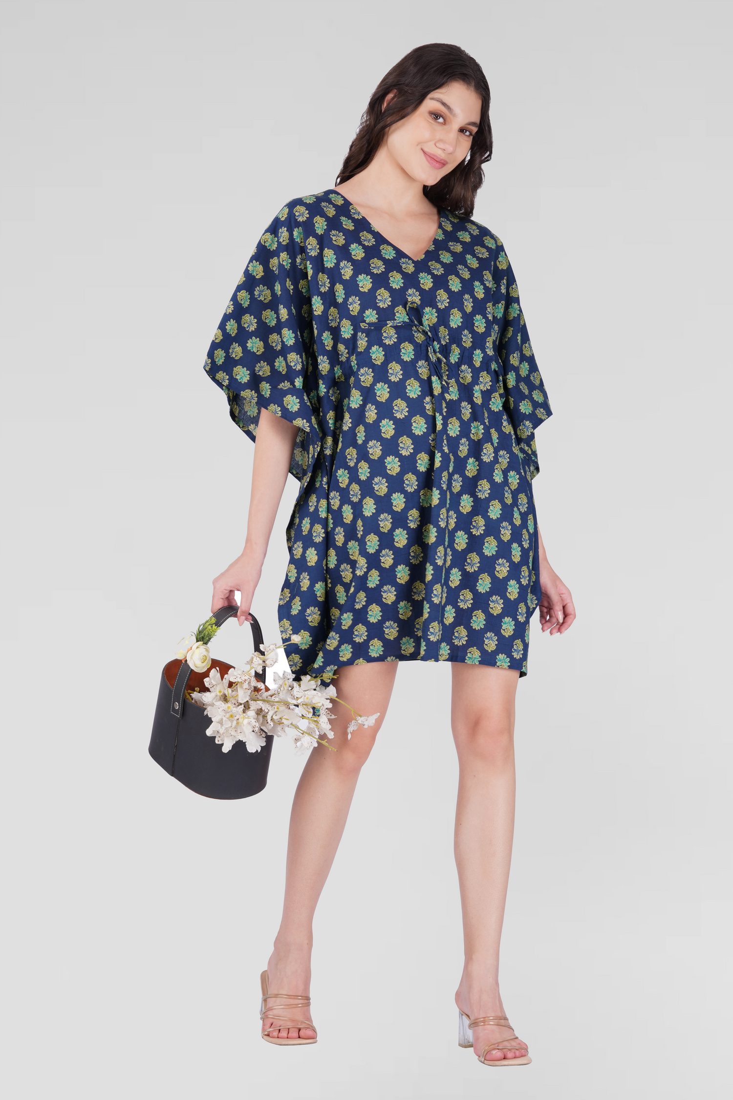 Navy Blue Cotton Printed Kaftan Top