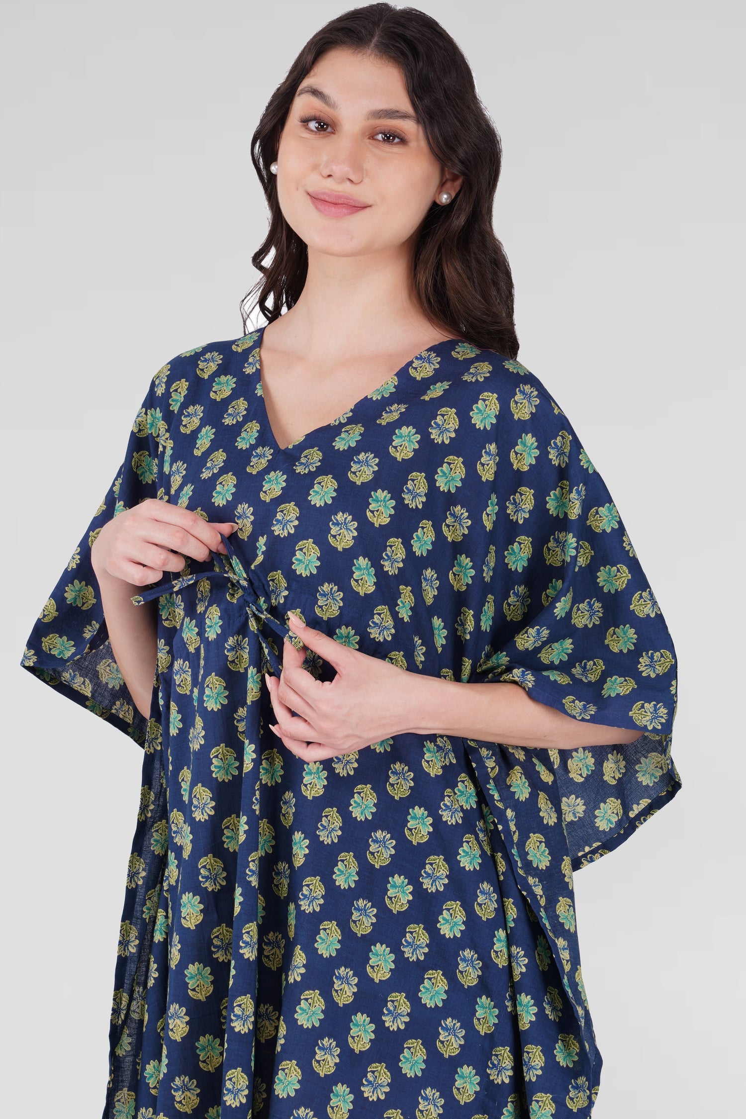 Navy Blue Cotton Printed Kaftan Top