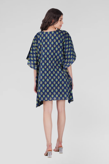 Navy Blue Cotton Printed Kaftan Top