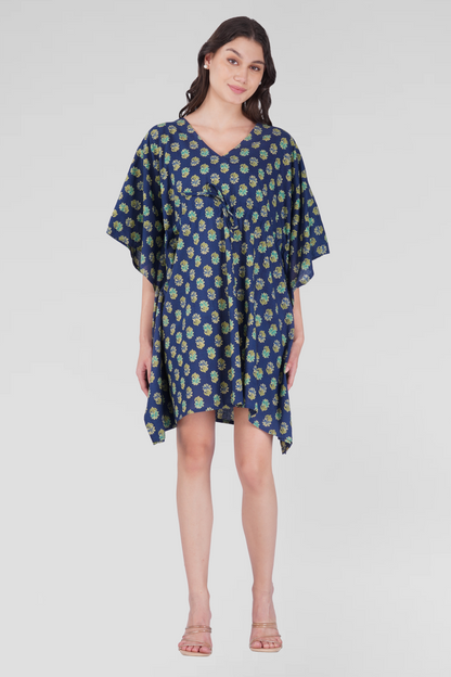 Navy Blue Cotton Printed Kaftan Top