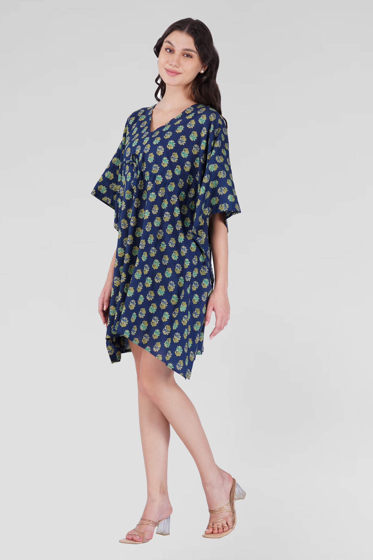 Navy Blue Cotton Printed Kaftan Top