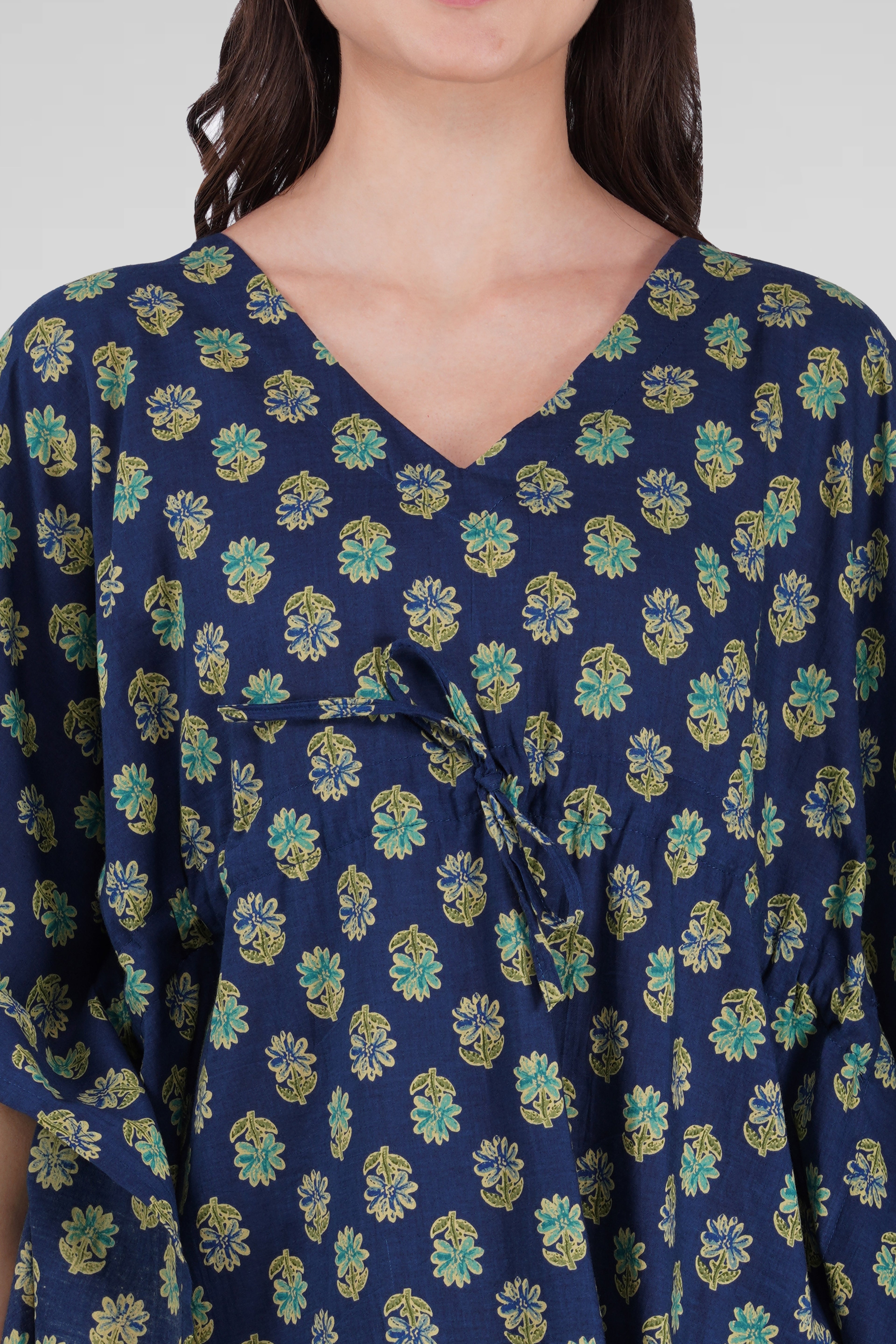 Navy Blue Cotton Printed Kaftan Top
