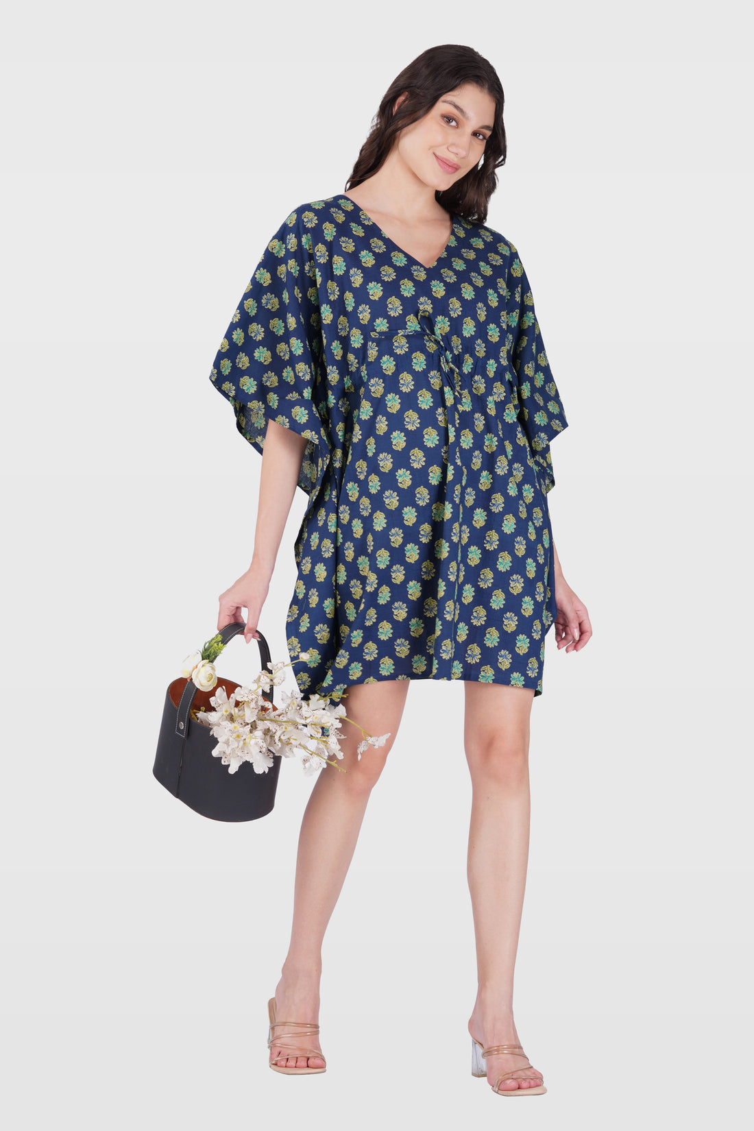 Navy Blue Cotton Printed Kaftan Top