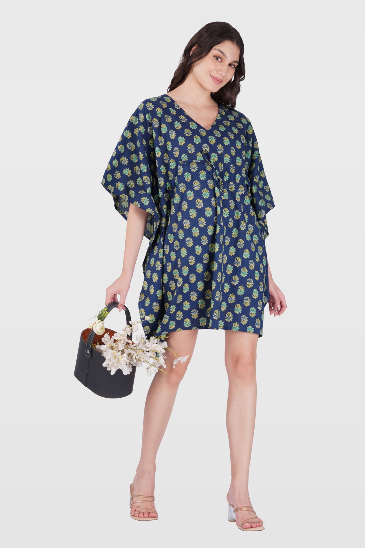 Navy Blue Cotton Printed Kaftan Top